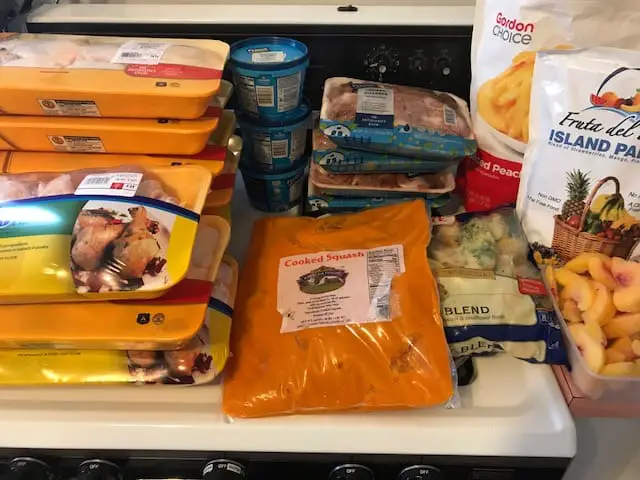 Image shows frozen chicken thighs, chicken drumsticks, squash, peaches, organ meat, mixed veggies, cabbage and apples.  Ingredients for making a homemade raw dog food diet