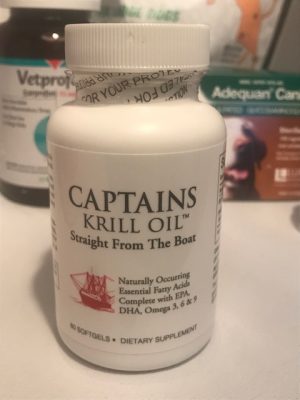 Picture of Captains Krill Oil which is the Omega-3 fatty acid I give my dog for arthritis, inflammation, and overall well being