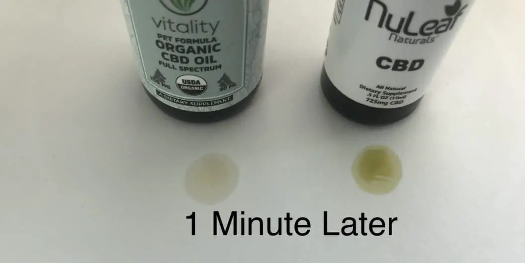 This image shows how a drop of nuleaf naturals cbd looks after one minute compared to another cbd oil. 