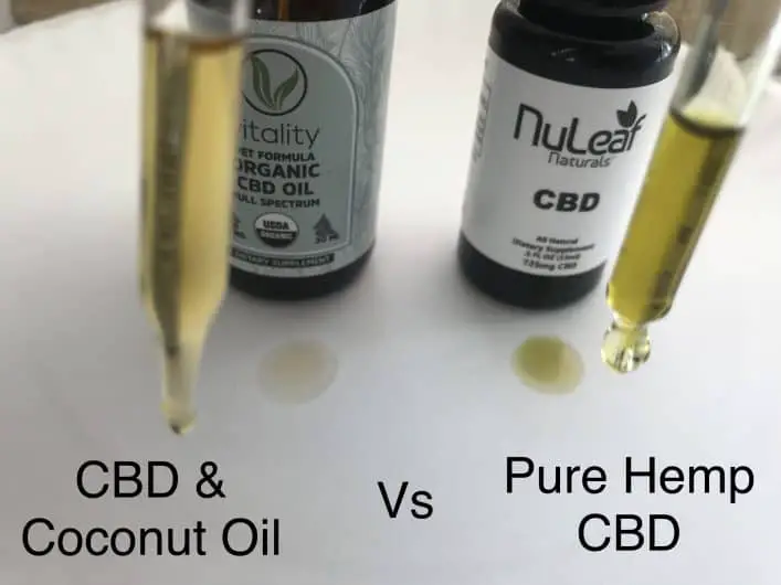 image shows side by side comparison of nuleaf naturals CBD oil compared to a cheap CBD oil that is diluted with coconut oil.
