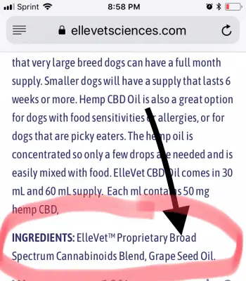 ElleVet CBD for Dogs Review - Broad Spectrum ingredients along with grapeseed oil.