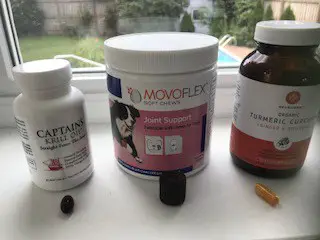 my dog takes these products to help alleviate his arthritis.  Image features movoflex, krill oil and turmeric for dogs arthritis.