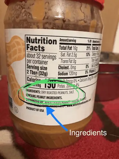 dog safe peanut butter brands image shows jar of dog friendly peanut butter ingredients in whole foods 365 brand